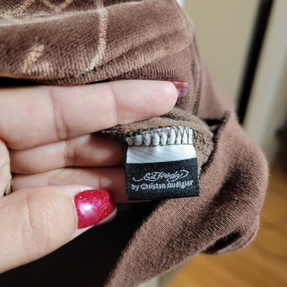 y2k Ed Hardy Tiger Rose Graphic Rhinestone Full Zip Velour Hoodie sz XL Brown - Picture 8 of 14